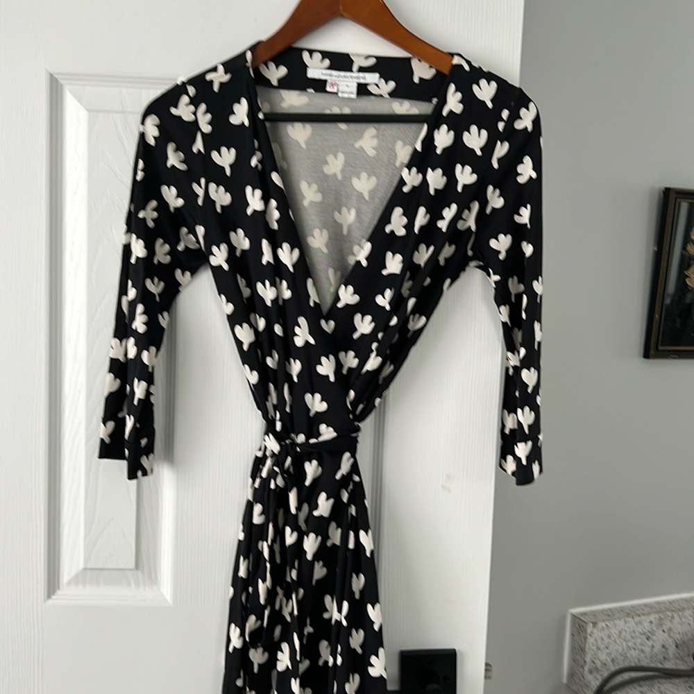 Diane Von Furstenberg “1974” wrap dress, black with white, size 2
